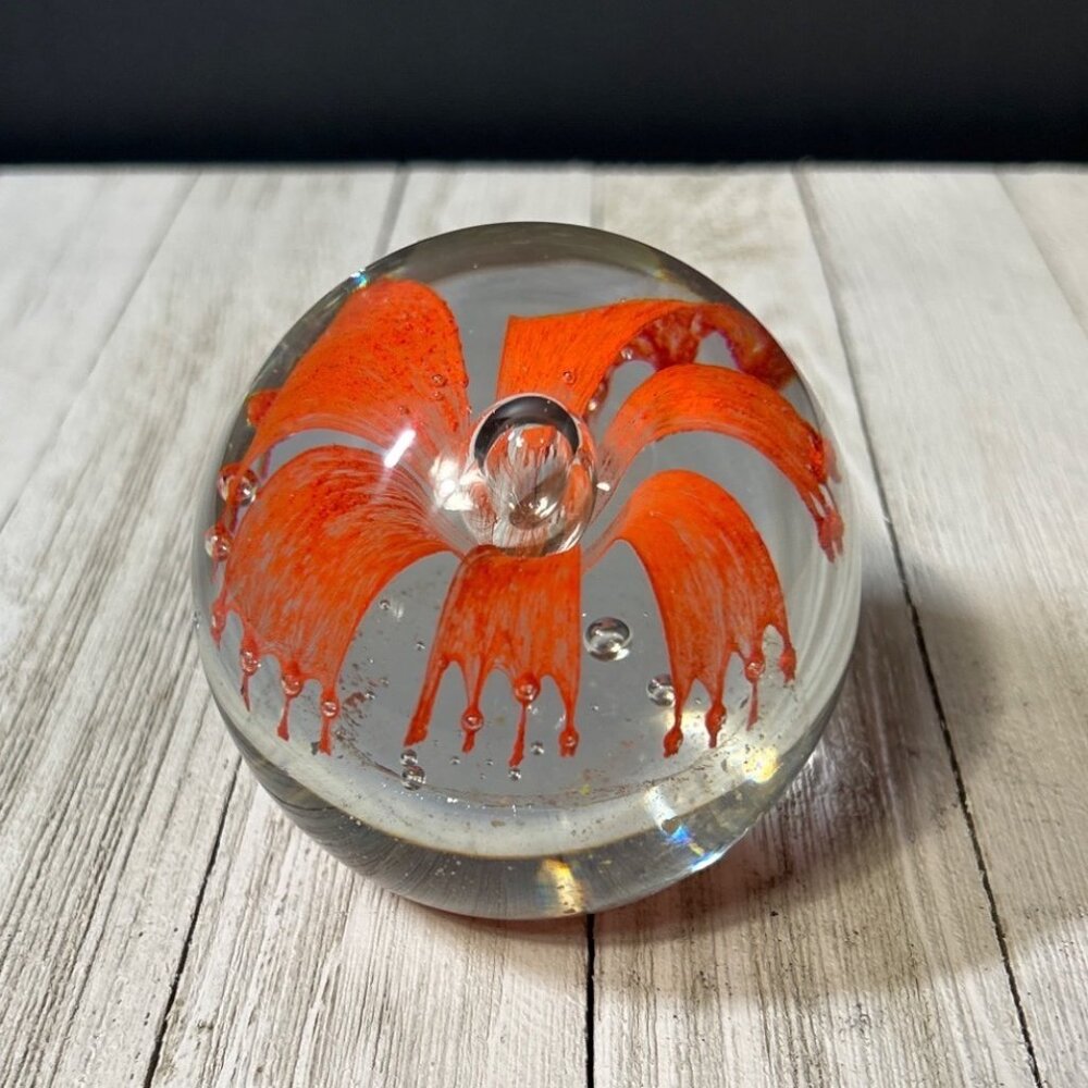 Vintage Blown Glass Lily Flower Paperweight Orange BubbleArt Glass Deco
